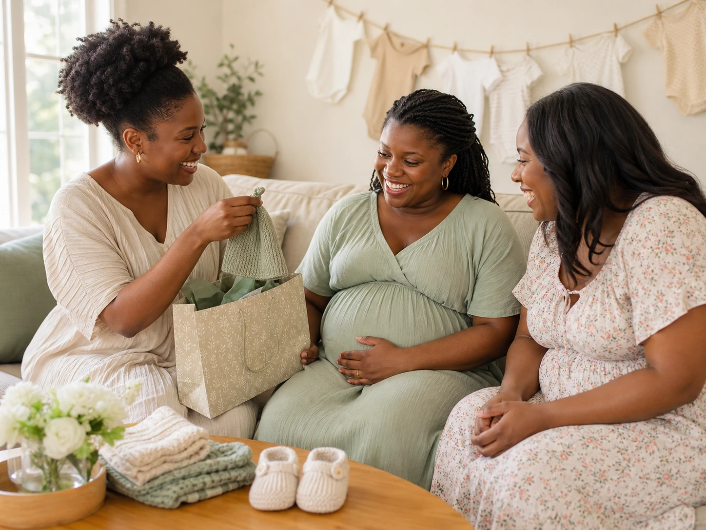 An expectant mother and her friends laugh over a tiny knitted baby hat at her baby shower.