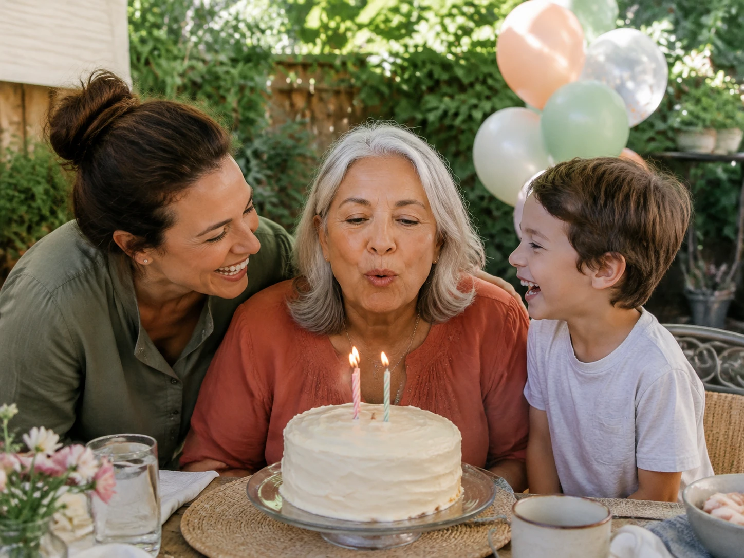A grandmother blows out birthday candles with her daughter and grandson beside her.
