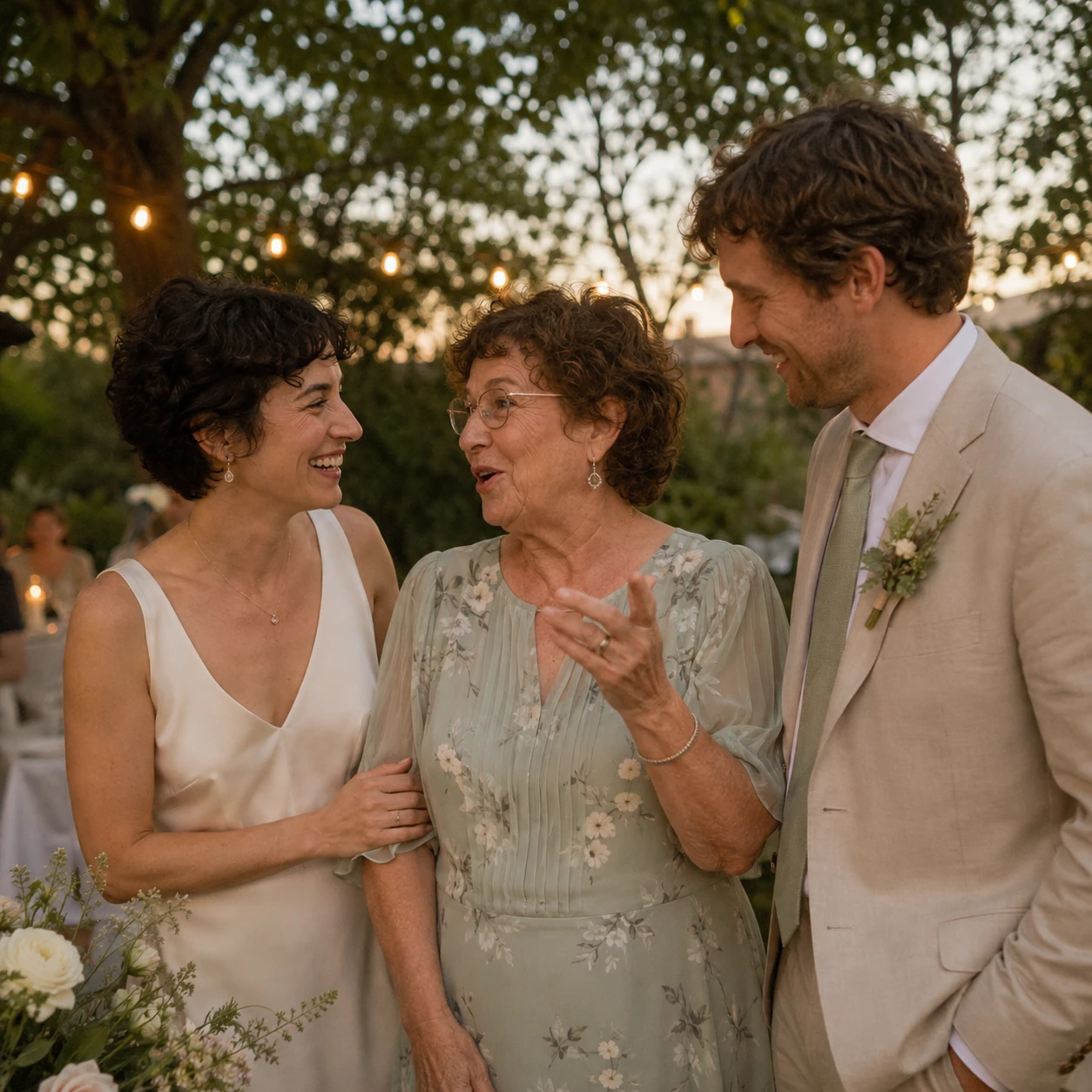 A bride and groom share a laugh with a relative at an outdoor wedding.