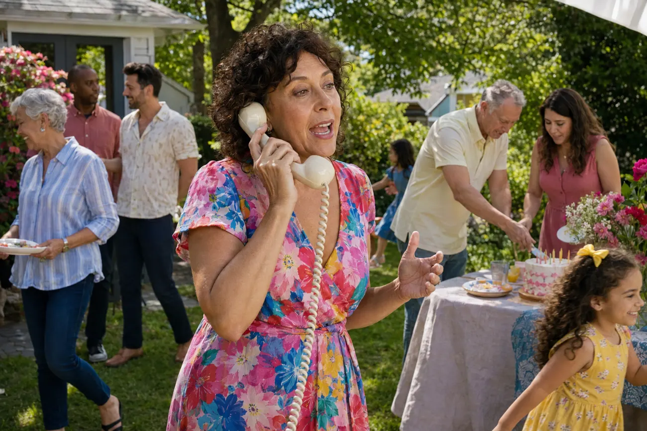 A guest leaves a message at a sunny birthday gathering while family members serve cake behind her.
