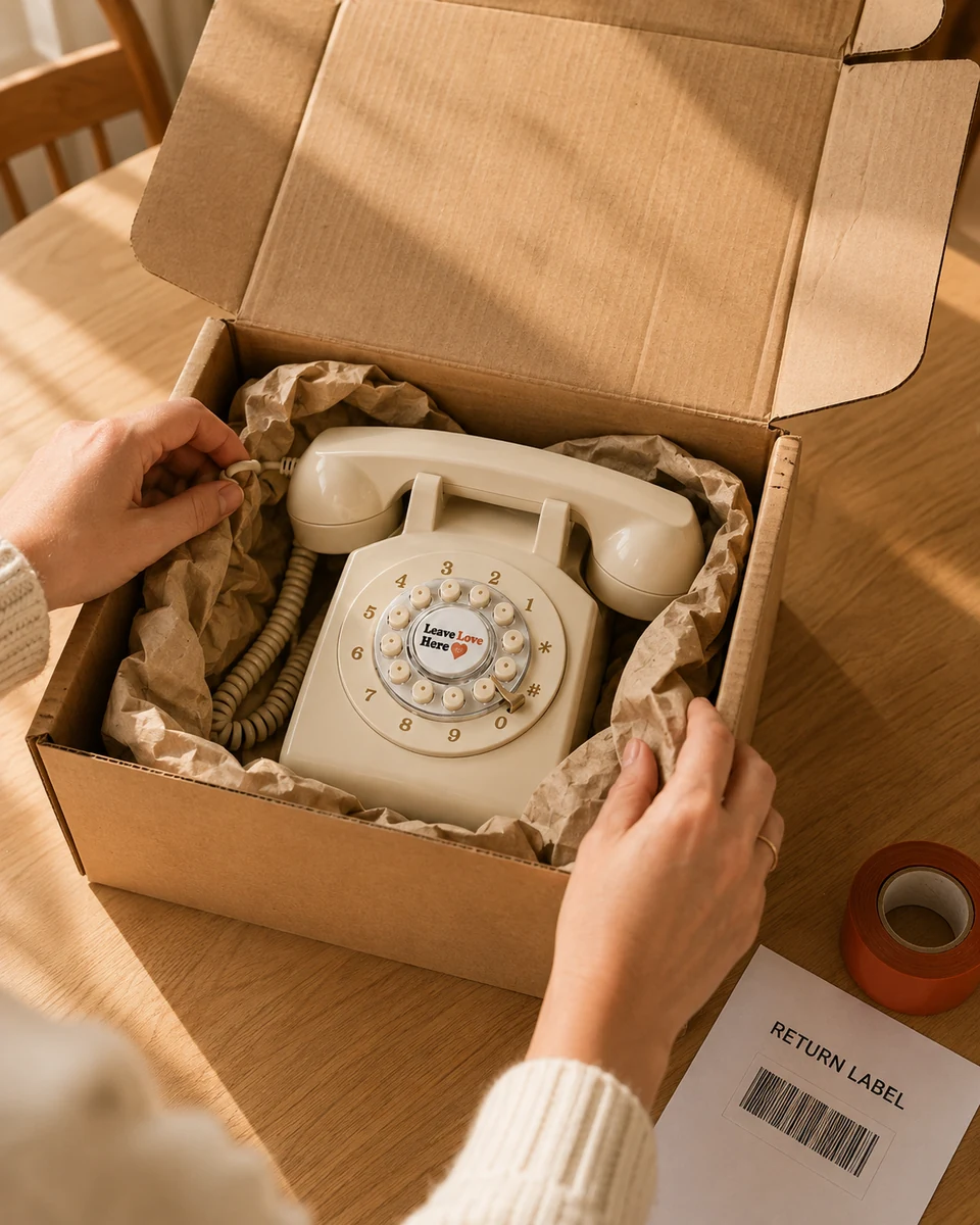 Hands pack a cream audio guestbook phone in protective packaging, with a return label beside the box.